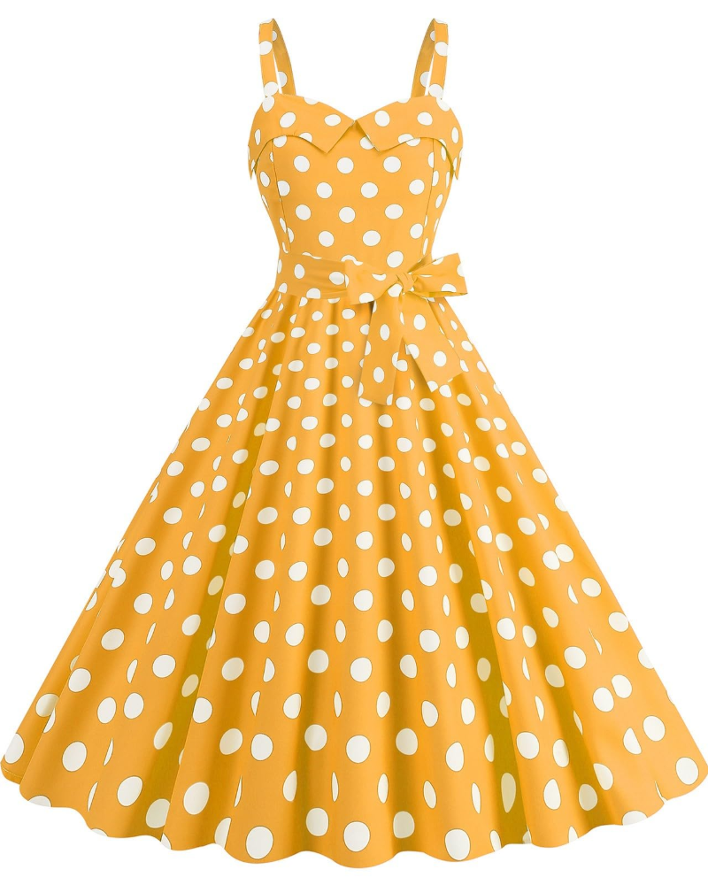 Rosie Women's Dress – Vintage Polka Dot Midi Dress V-Neck Sleeveless High Waist Chic Rockabilly