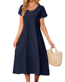 Sussie Maxi Cotton Dress for Women – Summer Dress with Round Neck, Loose Fit & Comfortable Pockets