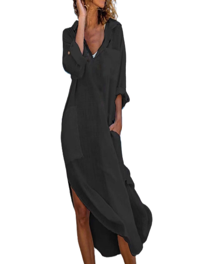 Lindy Women's Robe Chemise – Long Buttoned Cotton-Linen Dress Adjustable Size Elegant & Casual