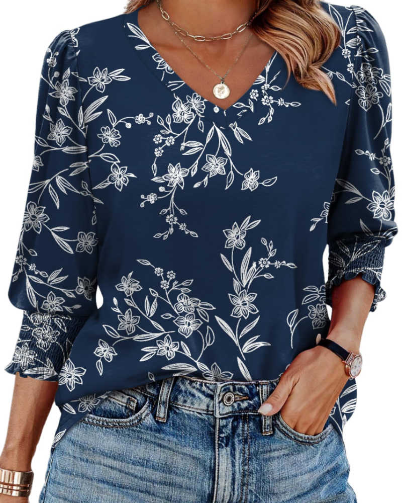Veda Women's Blouse – Chic V-Neck Top with 3/4 Puff Sleeves & Smocked Cuffs