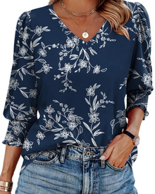 Veda Women's Blouse – Chic V-Neck Top with 3/4 Puff Sleeves & Smocked Cuffs