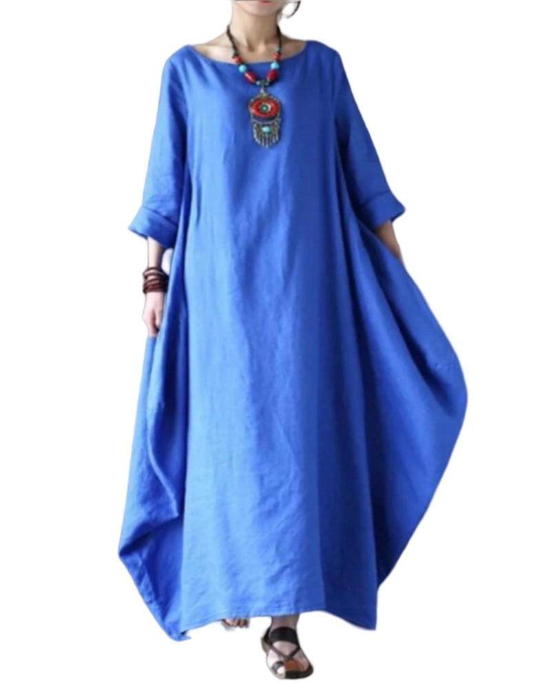Sandy Long Dress for Women – Maxi Cotton-Linen Dress, Loose Fit, Round Neck, 3/4 Sleeves, Elegant