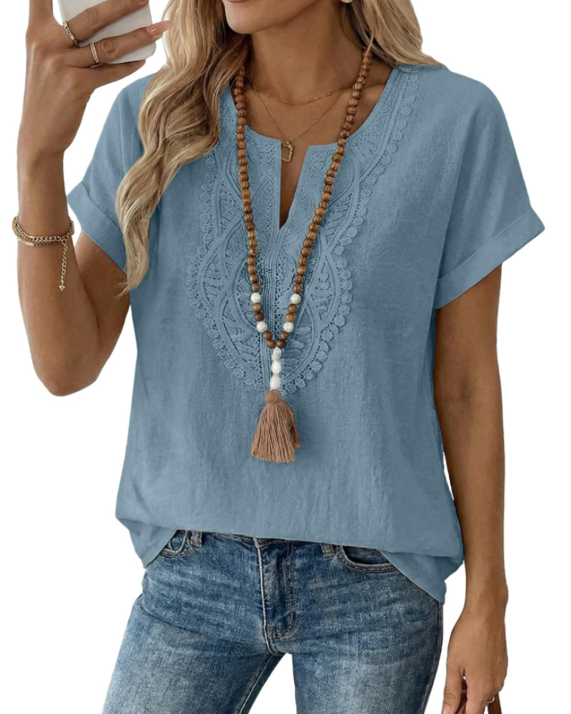 Aelina Women's Blouse – Bohemian V-Neck Top with Lace & Elegant Loose Fit