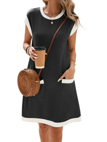 Winnie Women's Robe – Round Neck Color Block, Short Sleeves & Loose Fit Mini with Pockets Summer