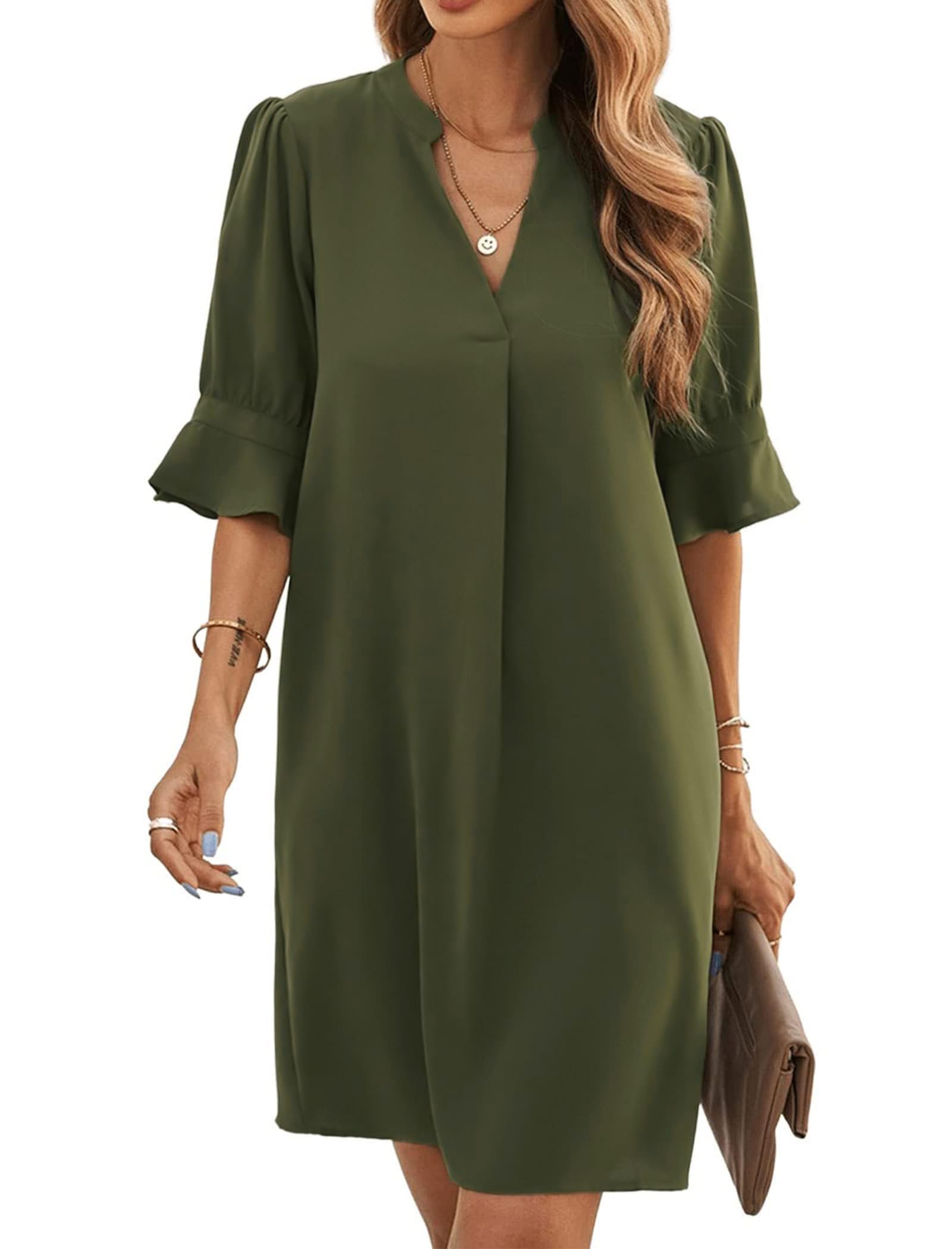 Bibiana Women's Dress – V-Neck Short Sleeves, Straight Cut Mini, Lightweight Solid Summer
