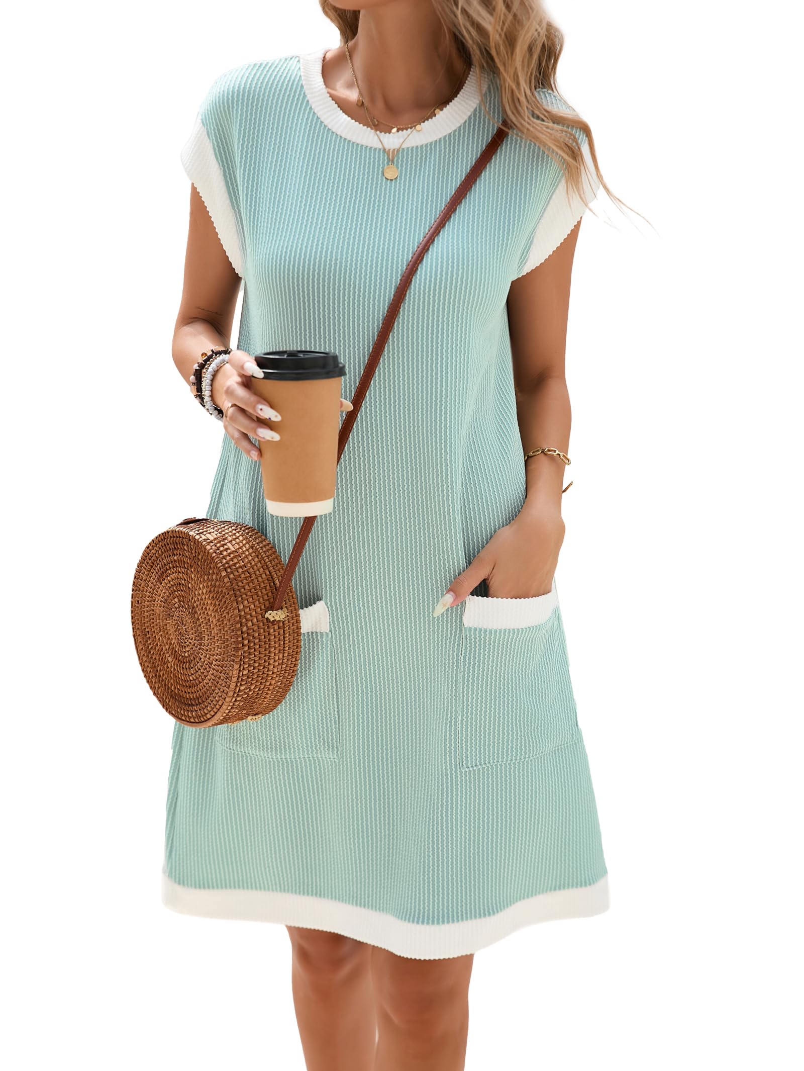 Winnie Women's Robe – Round Neck Color Block, Short Sleeves & Loose Fit Mini with Pockets Summer