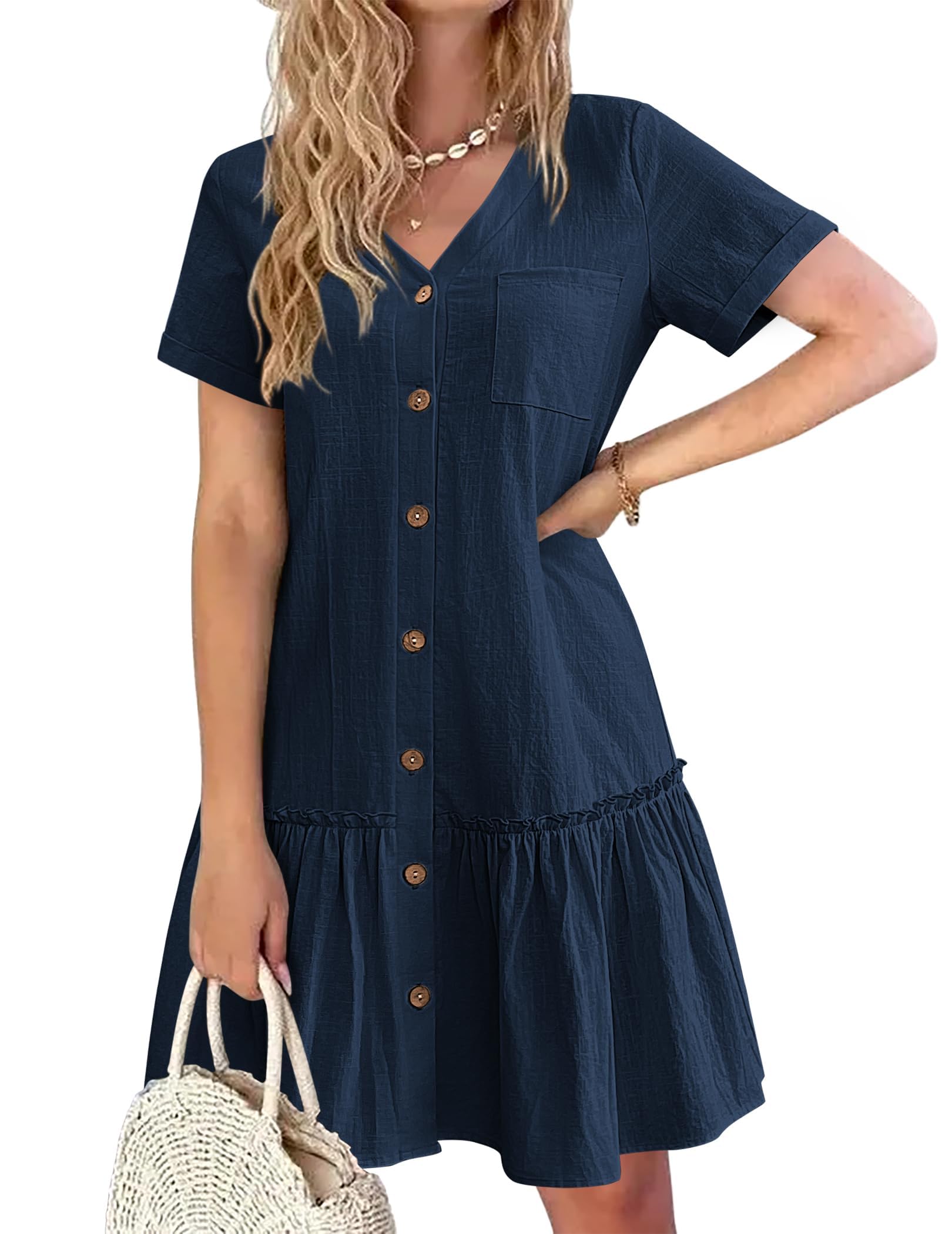 Trixie Women's Dress – Buttoned V-Neck, Cotton Linen Loose Fit & Ruffled Hem Summer