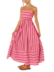 Reina Maxi Dress for Women – Square Neck, Thin Straps, Stripes, A-Line Cut & Smocked Back with Pockets