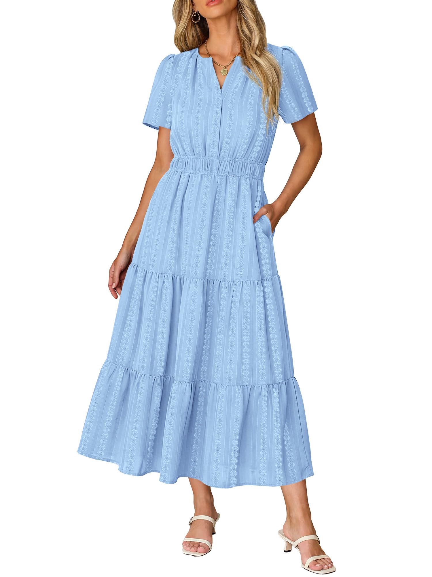 Ruma Women's Dress – V-Neck Short Sleeves, A-Line Maxi Cut & Elastic Waist with Pockets