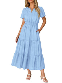 Ruma Women's Dress – V-Neck Short Sleeves, A-Line Maxi Cut & Elastic Waist with Pockets