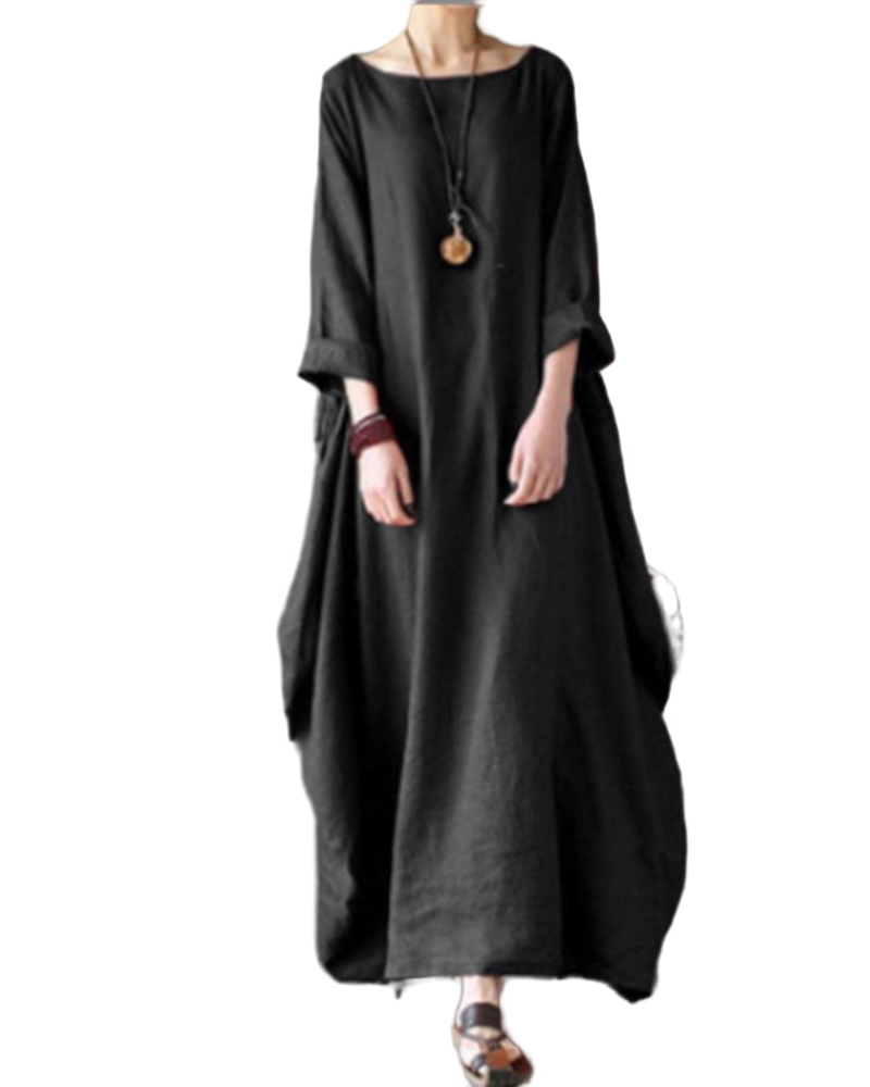Sandy Long Dress for Women – Maxi Cotton-Linen Dress, Loose Fit, Round Neck, 3/4 Sleeves, Elegant