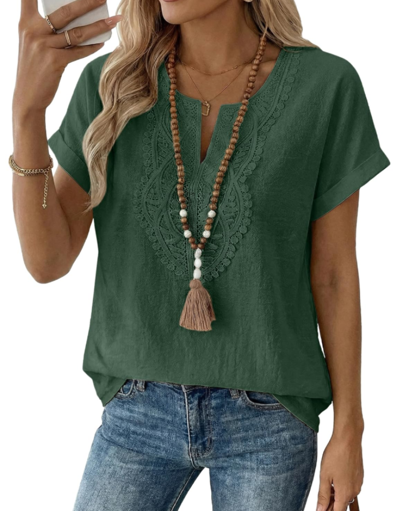 Aelina Women's Blouse – Bohemian V-Neck Top with Lace & Elegant Loose Fit