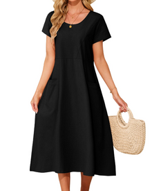 Sussie Maxi Cotton Dress for Women – Summer Dress with Round Neck, Loose Fit & Comfortable Pockets