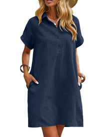 Raine Women's Dress Chemise – Mid-Length Linen Cotton Dress with V-Neck, Buttons, Pockets, Casual Chic Summer