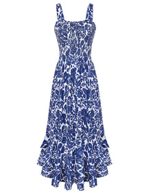 Mildred Women's Maxi Dress – Square Neck, Straps, Smocked A-Line Cut & Ruffled Hem Summer