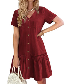 Trixie Women's Dress – Buttoned V-Neck, Cotton Linen Loose Fit & Ruffled Hem Summer