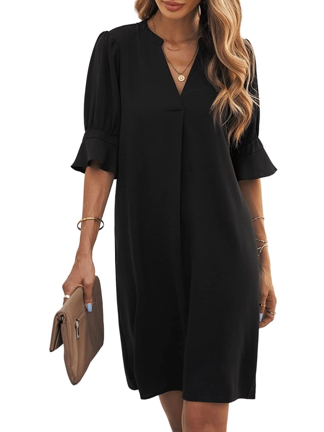 Bibiana Women's Dress – V-Neck Short Sleeves, Straight Cut Mini, Lightweight Solid Summer