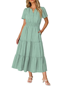 Ruma Women's Dress – V-Neck Short Sleeves, A-Line Maxi Cut & Elastic Waist with Pockets
