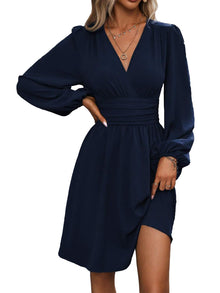 Luminelle Women's Dress – V-Neck Floral, Lantern Sleeves & Elegant A-Line Mini Cut