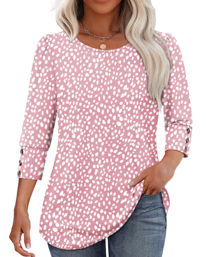 Veda Women's Blouse – Chic V-Neck Top with 3/4 Puff Sleeves & Smocked Cuffs