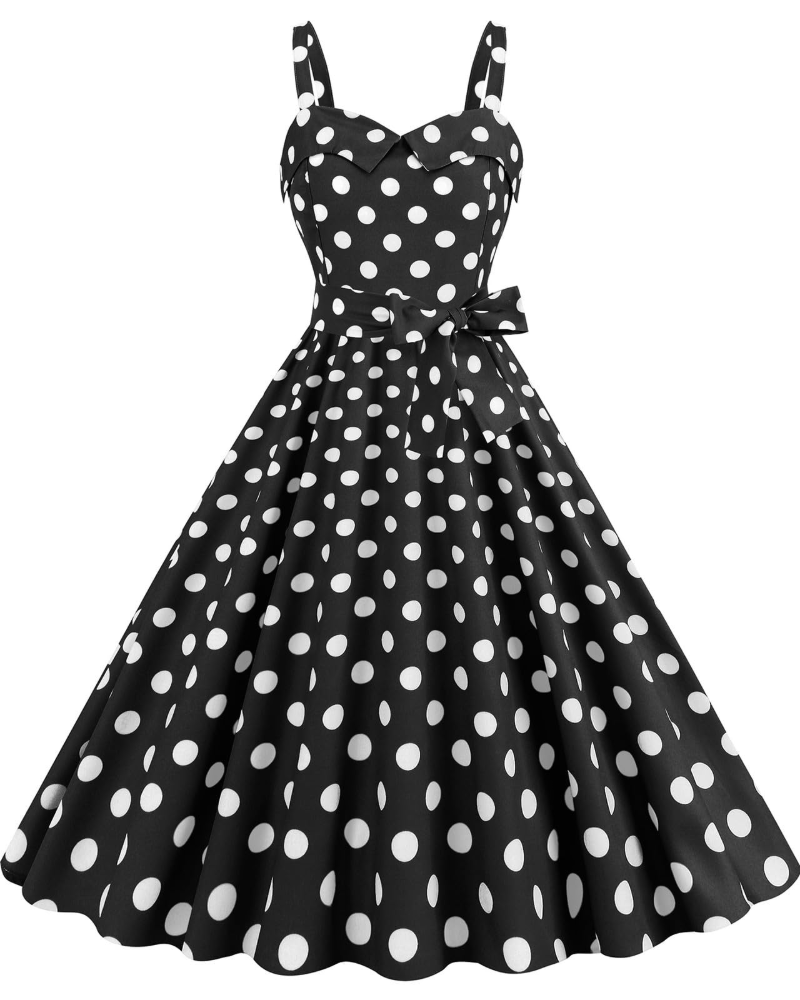 Rosie Women's Dress – Vintage Polka Dot Midi Dress V-Neck Sleeveless High Waist Chic Rockabilly