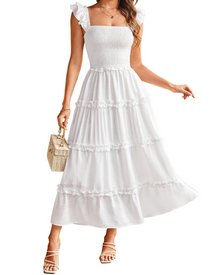 Bea Maxi Dress for Women – Smocked Waist A-Line Dress, Elegant Slit & Pockets