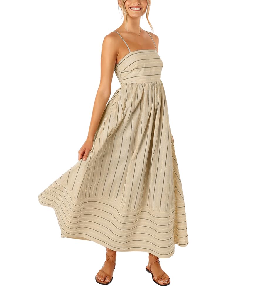 Reina Maxi Dress for Women – Square Neck, Thin Straps, Stripes, A-Line Cut & Smocked Back with Pockets