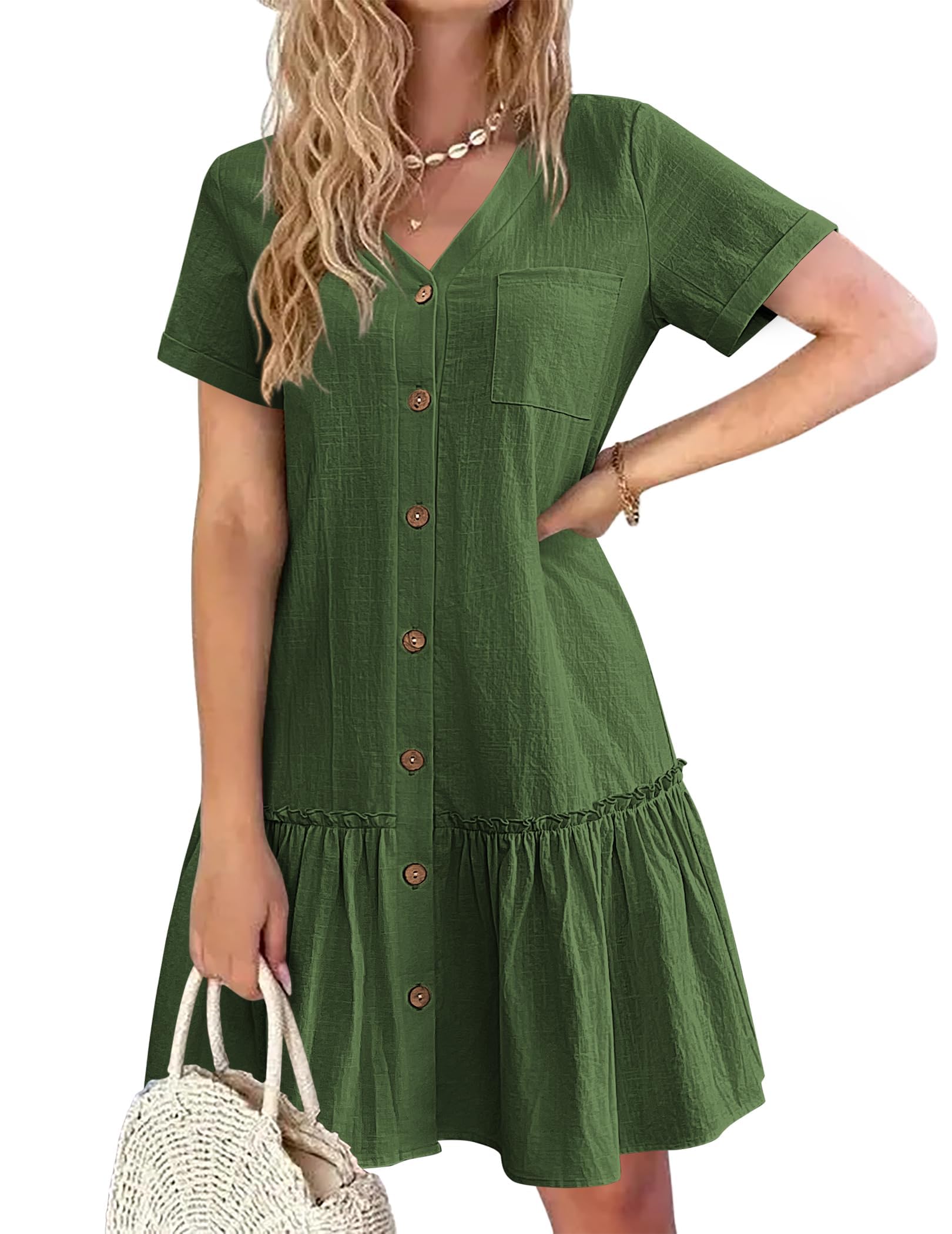 Trixie Women's Dress – Buttoned V-Neck, Cotton Linen Loose Fit & Ruffled Hem Summer