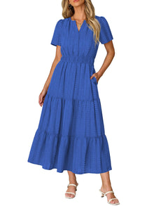 Ruma Women's Dress – V-Neck Short Sleeves, A-Line Maxi Cut & Elastic Waist with Pockets