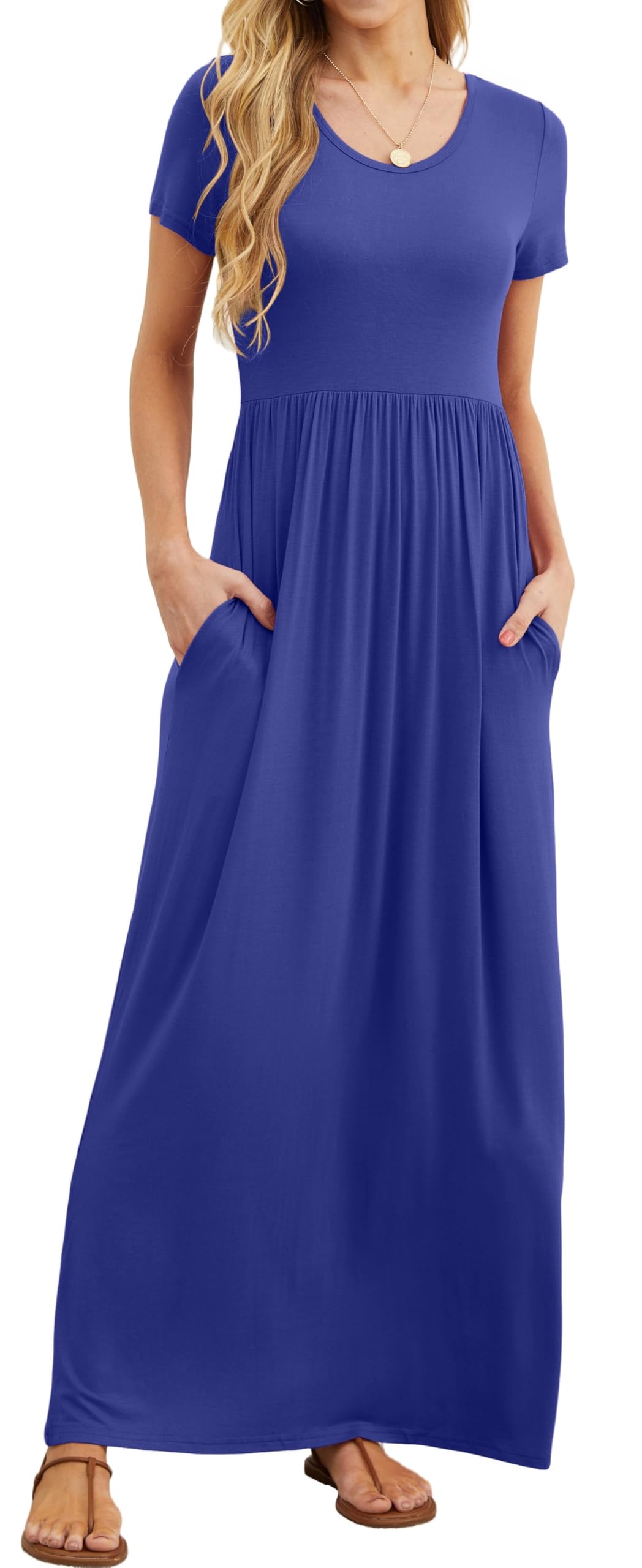 Bridget Maxi Dress for Women – Solid Round Neck, Flowing Fit & High Waist with Pockets Summer