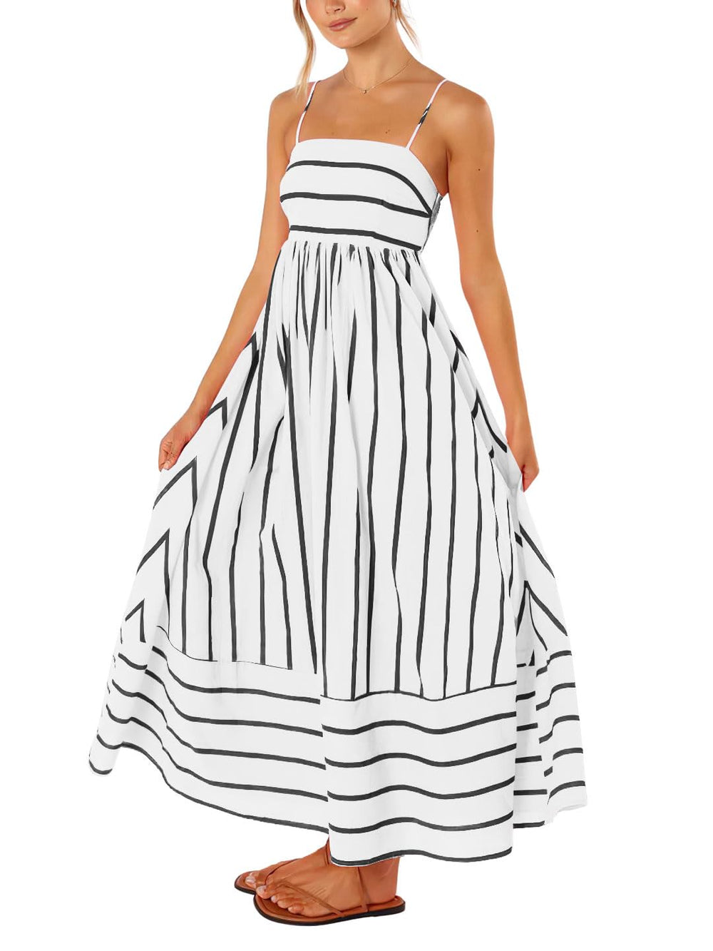 Reina Maxi Dress for Women – Square Neck, Thin Straps, Stripes, A-Line Cut & Smocked Back with Pockets