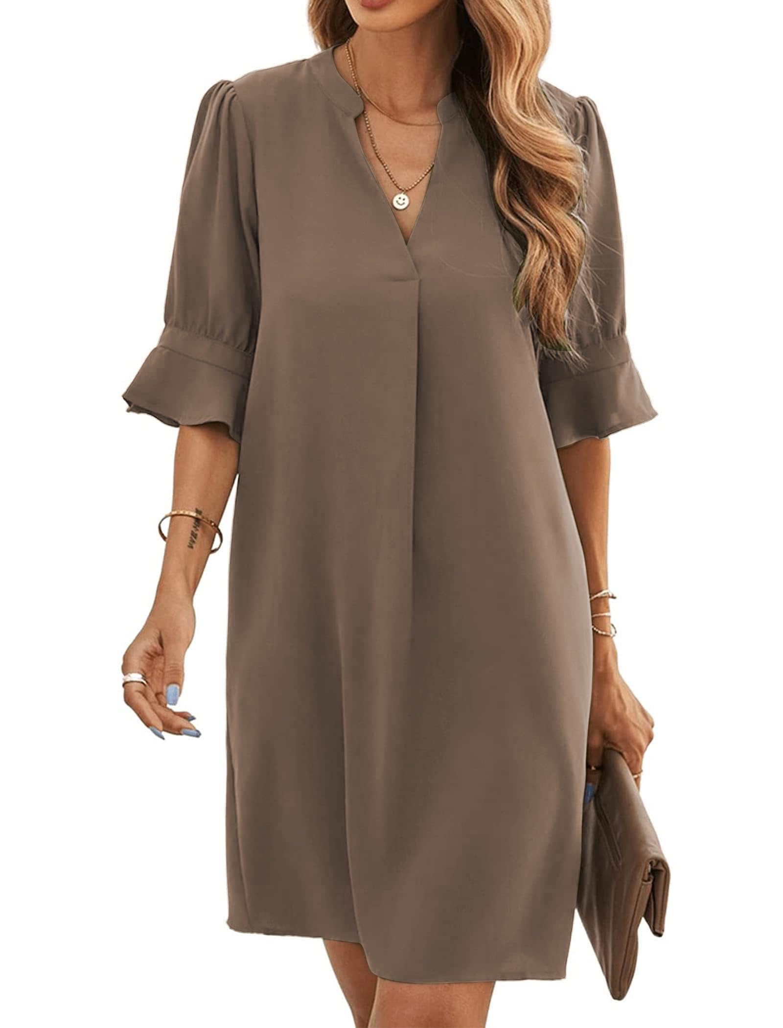 Bibiana Women's Dress – V-Neck Short Sleeves, Straight Cut Mini, Lightweight Solid Summer