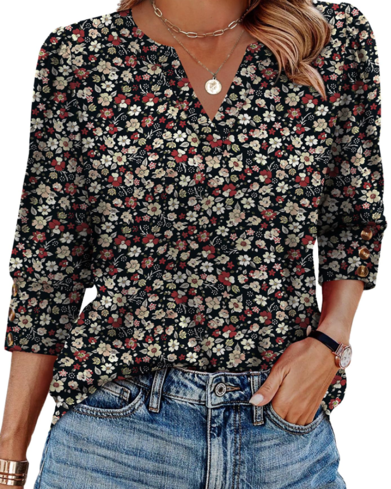 Zeline Women's Blouse – V-Neck Top with 3/4 Sleeves, Buttons & Business Casual Style