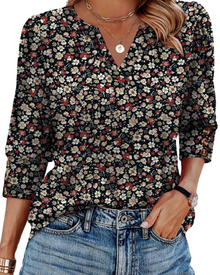 Zeline Women's Blouse – V-Neck Top with 3/4 Sleeves, Buttons & Business Casual Style