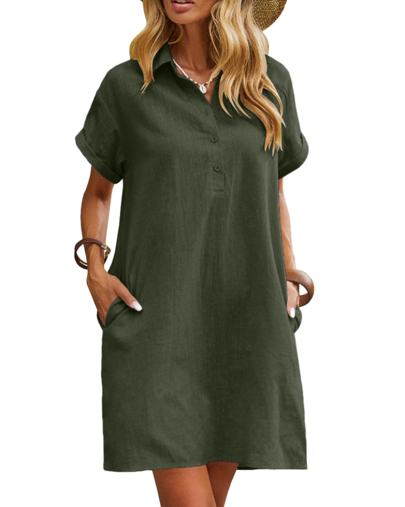 Raine Women's Dress Chemise – Mid-Length Linen Cotton Dress with V-Neck, Buttons, Pockets, Casual Chic Summer