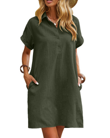 Raine Women's Dress Chemise – Mid-Length Linen Cotton Dress with V-Neck, Buttons, Pockets, Casual Chic Summer