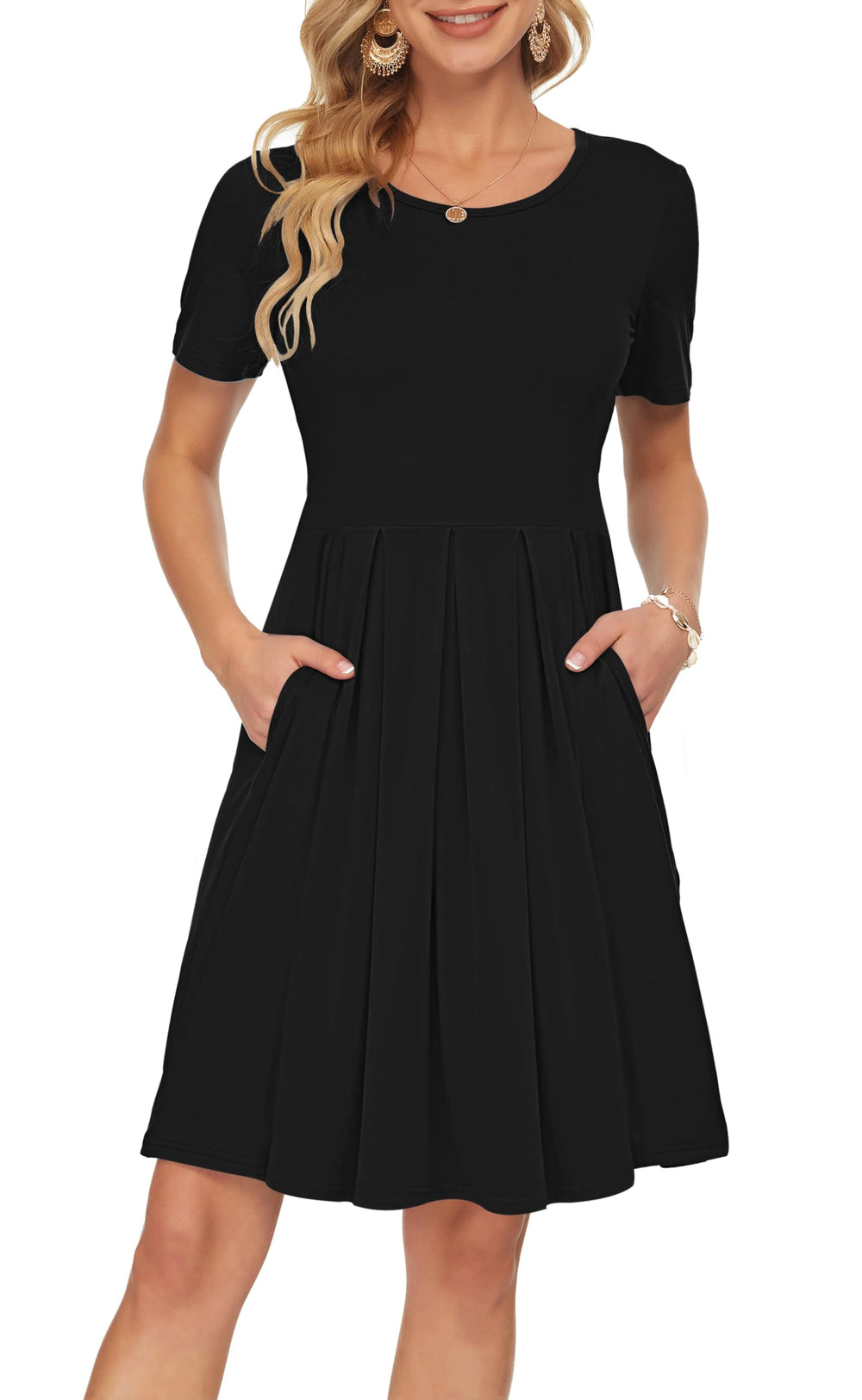 Sylphine Women's Dress – Short Sleeves, Loose Pleated Fit & Knee-Length Pockets