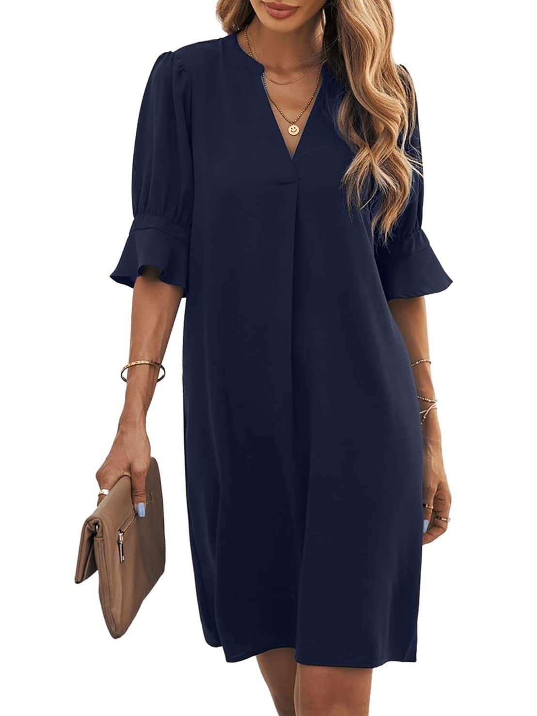 Bibiana Women's Dress – V-Neck Short Sleeves, Straight Cut Mini, Lightweight Solid Summer