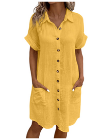 Yvette Women's Dress – V-Neck Button-Down Shirt Dress with Pockets, Flowing Cut, Bohemian Chic