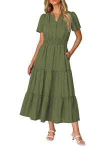 Ruma Women's Dress – V-Neck Short Sleeves, A-Line Maxi Cut & Elastic Waist with Pockets
