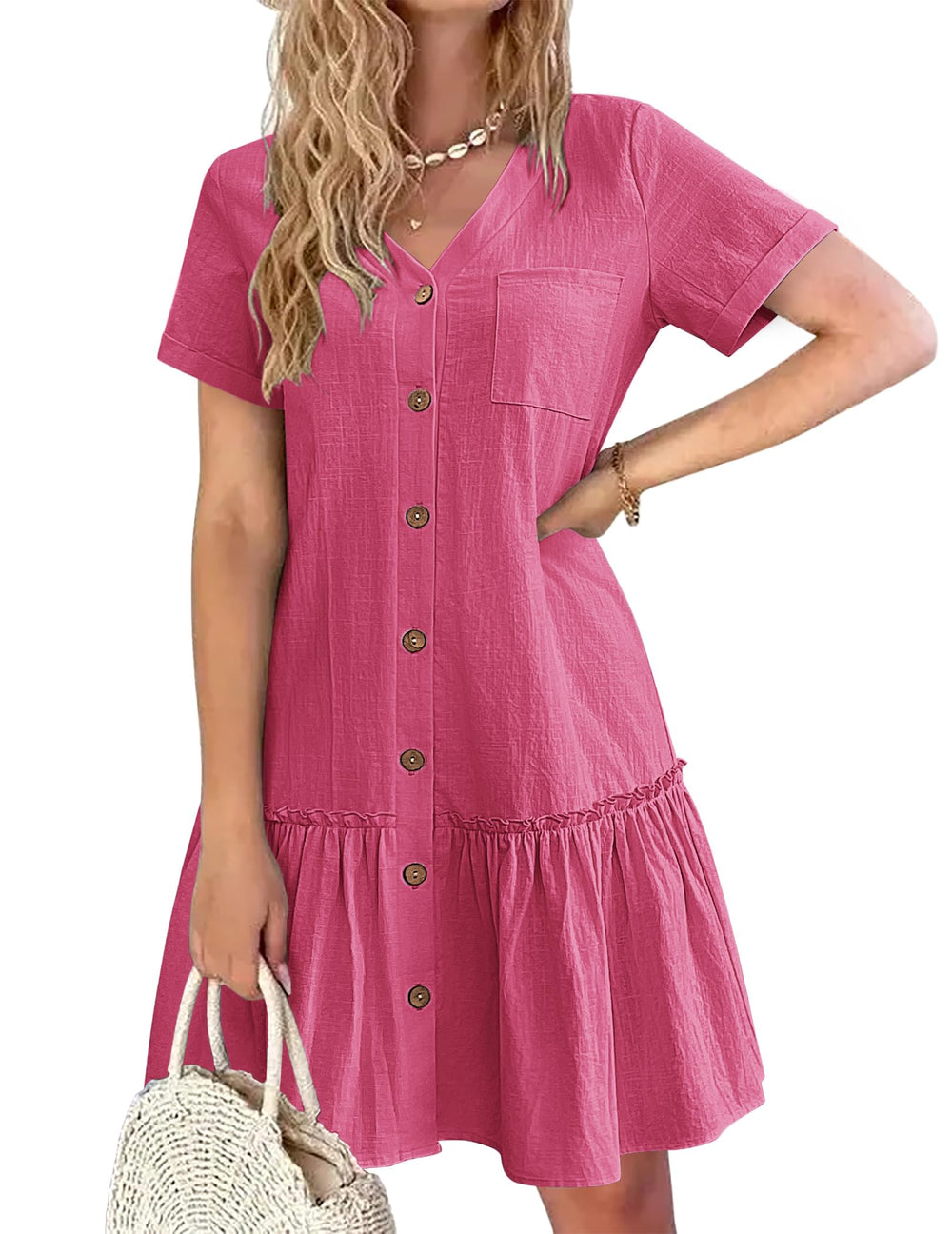 Trixie Women's Dress – Buttoned V-Neck, Cotton Linen Loose Fit & Ruffled Hem Summer