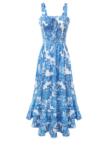 Mildred Women's Maxi Dress – Square Neck, Straps, Smocked A-Line Cut & Ruffled Hem Summer