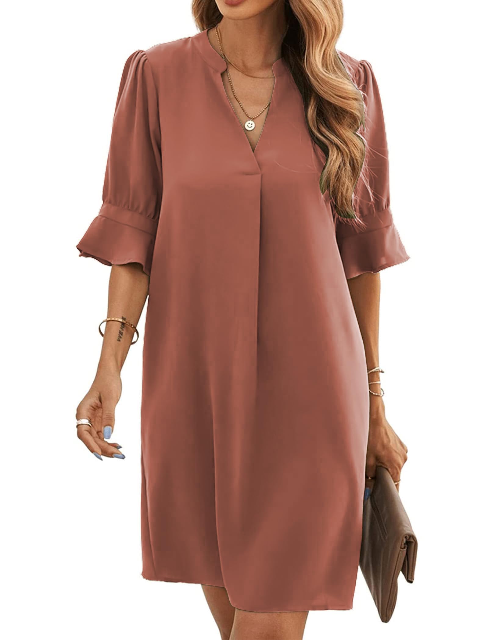 Bibiana Women's Dress – V-Neck Short Sleeves, Straight Cut Mini, Lightweight Solid Summer