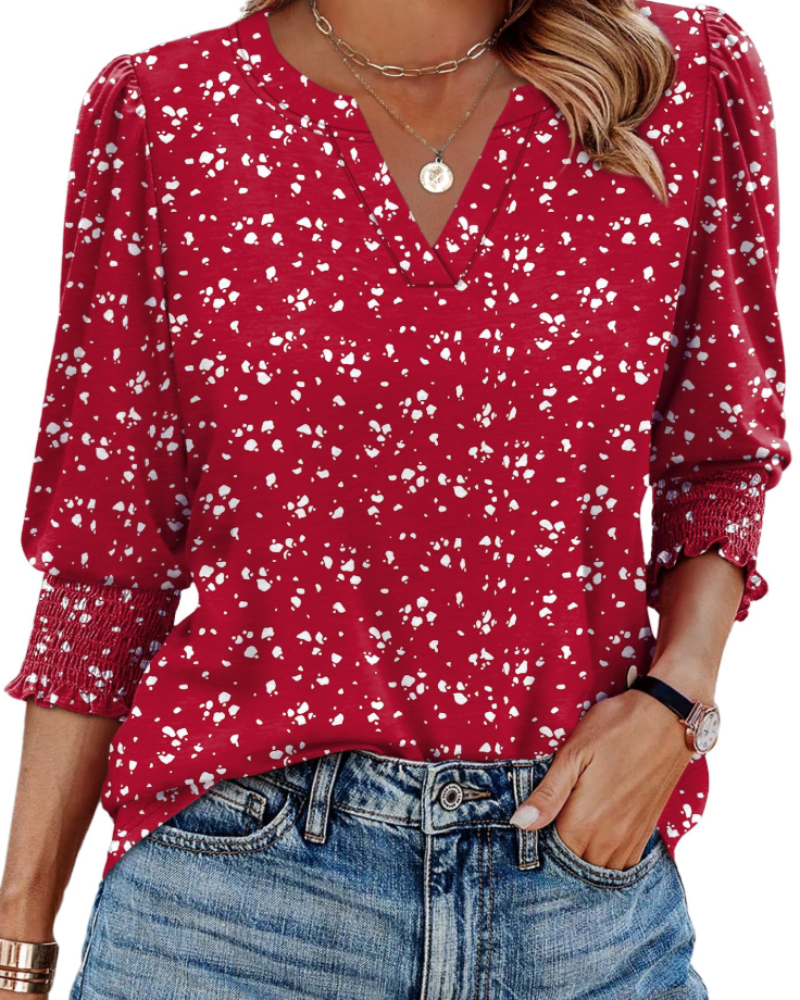 Veda Women's Blouse – Chic V-Neck Top with 3/4 Puff Sleeves & Smocked Cuffs