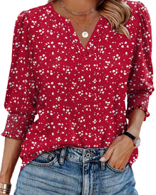 Veda Women's Blouse – Chic V-Neck Top with 3/4 Puff Sleeves & Smocked Cuffs