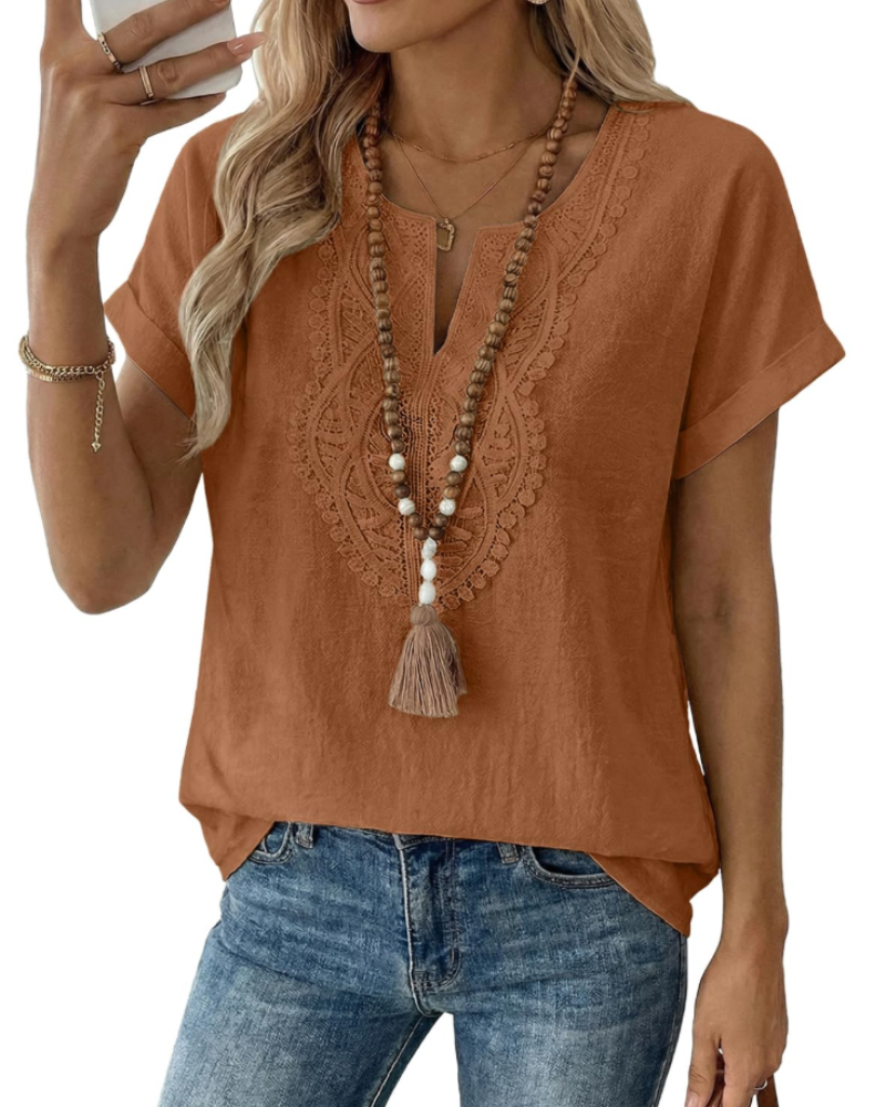 Aelina Women's Blouse – Bohemian V-Neck Top with Lace & Elegant Loose Fit