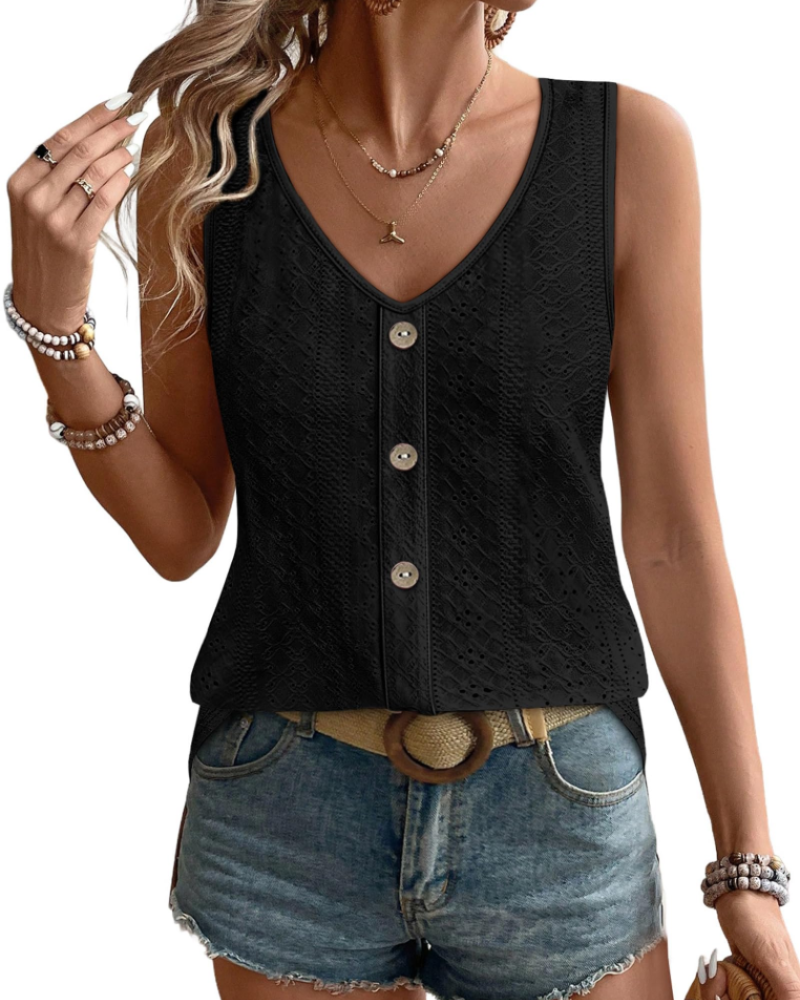 Elira Women's Tank Top – Eyelet V-Neck, Sleeveless Loose Fit & Chic Summer Style