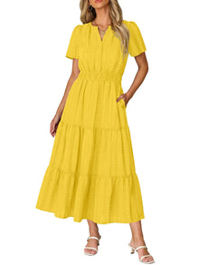 Ruma Women's Dress – V-Neck Short Sleeves, A-Line Maxi Cut & Elastic Waist with Pockets