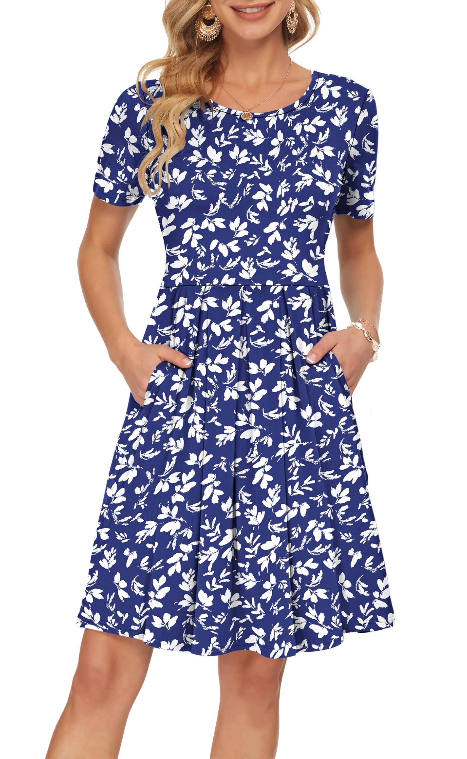 Sylphine Women's Dress – Short Sleeves, Loose Pleated Fit & Knee-Length Pockets