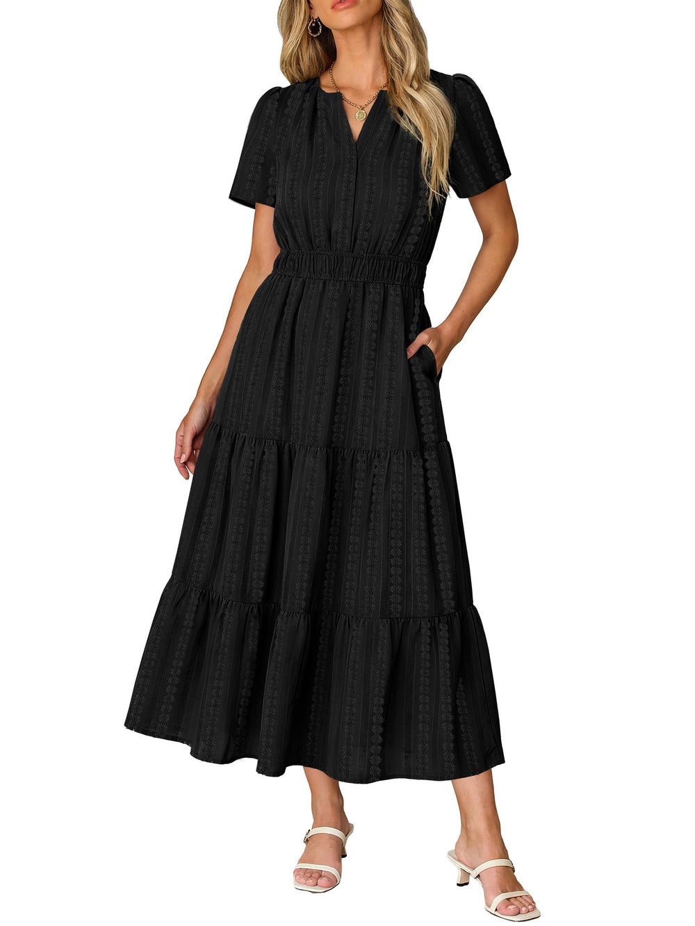 Ruma Women's Dress – V-Neck Short Sleeves, A-Line Maxi Cut & Elastic Waist with Pockets